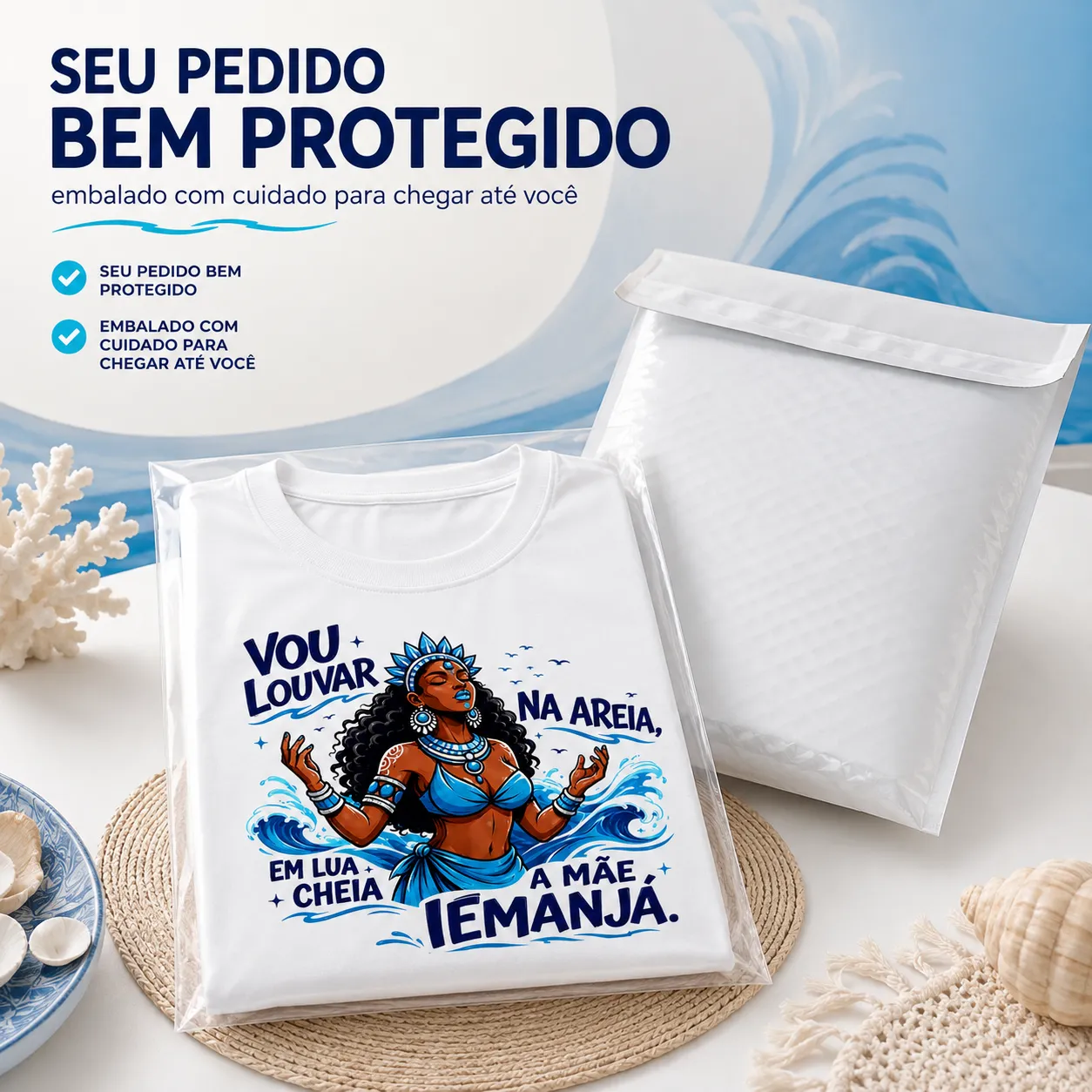 Camiseta Iemanjá Umbanda 100% Algodão Unissex Branca Estampa Religiosa Orixá Vou Louvar na Areia 6
