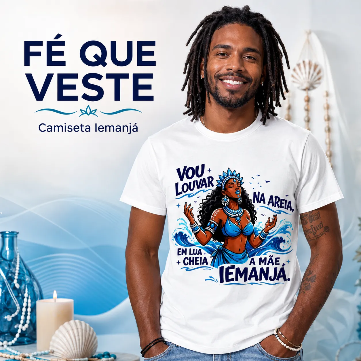 Camiseta Iemanjá Umbanda 100% Algodão Unissex Branca Estampa Religiosa Orixá Vou Louvar na Areia